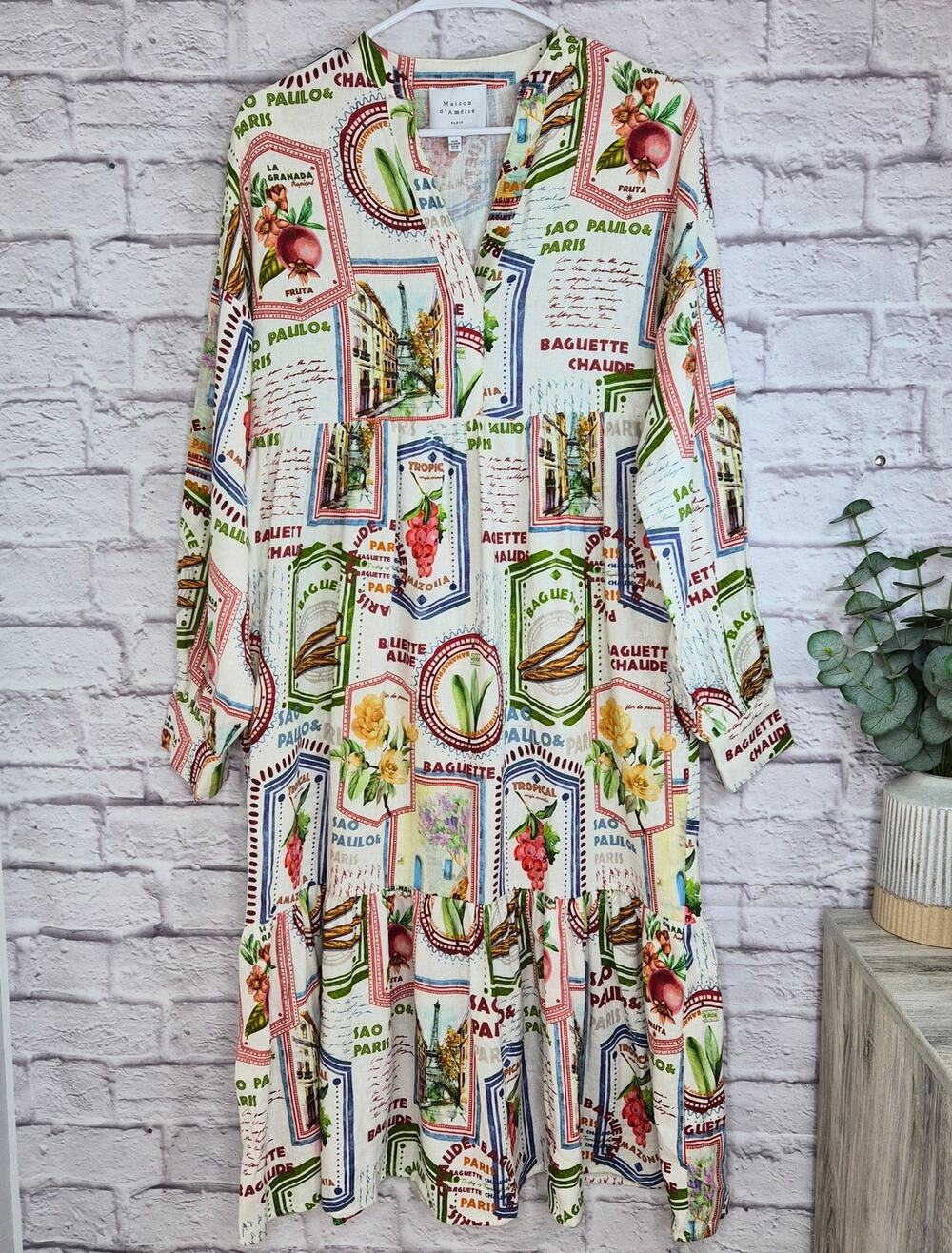 Maison d’Amelie Paris Stamp Postcard Midi Maxi Dress XS Novelty Travel European